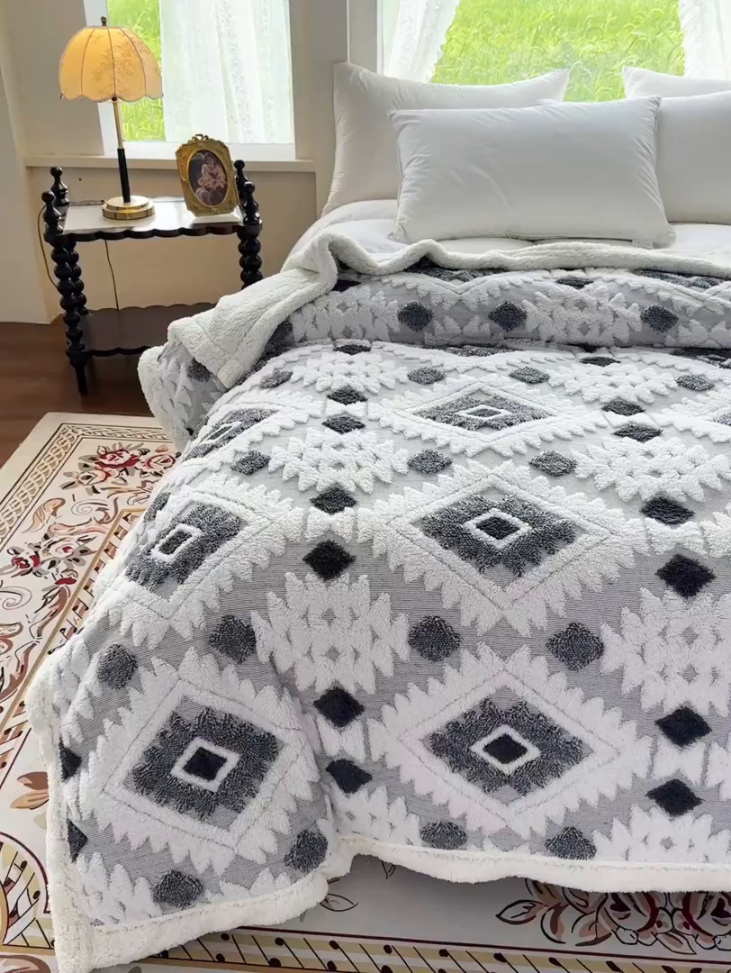 91家纺网 家纺一手货源 找家纺 （总）璐维斯 2025新款加厚镂空阳离子双层羊羔绒毛毯休闲盖毯—跨境外贸专供