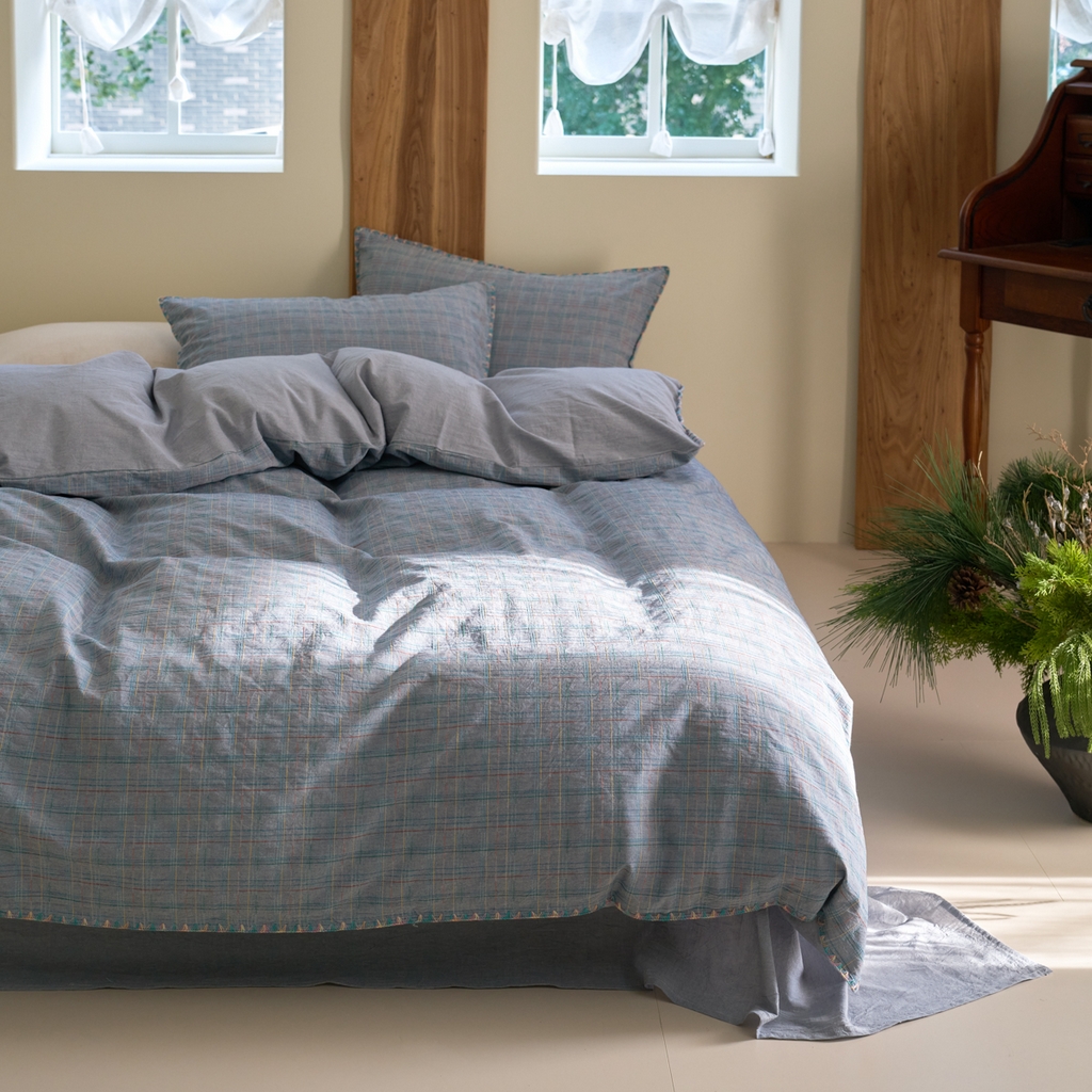 91家纺网 家纺一手货源 找家纺 洋铭区（原狠狠爱） 2025新款慕斯VS早安水洗棉彩边色织提花四件套 早安-蓝