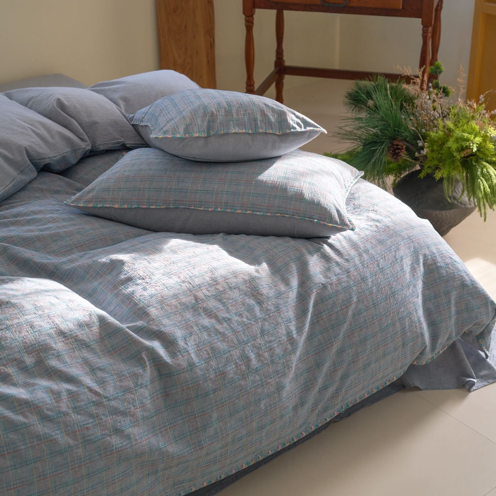 91家纺网 家纺一手货源 找家纺 洋铭区（原狠狠爱） 2025新款慕斯VS早安水洗棉彩边色织提花四件套 早安-蓝