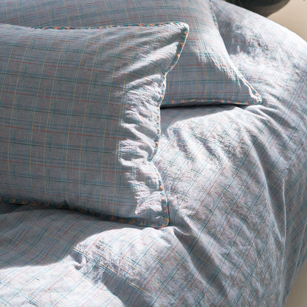 91家纺网 家纺一手货源 找家纺 洋铭区（原狠狠爱） 2025新款慕斯VS早安水洗棉彩边色织提花四件套 早安-蓝