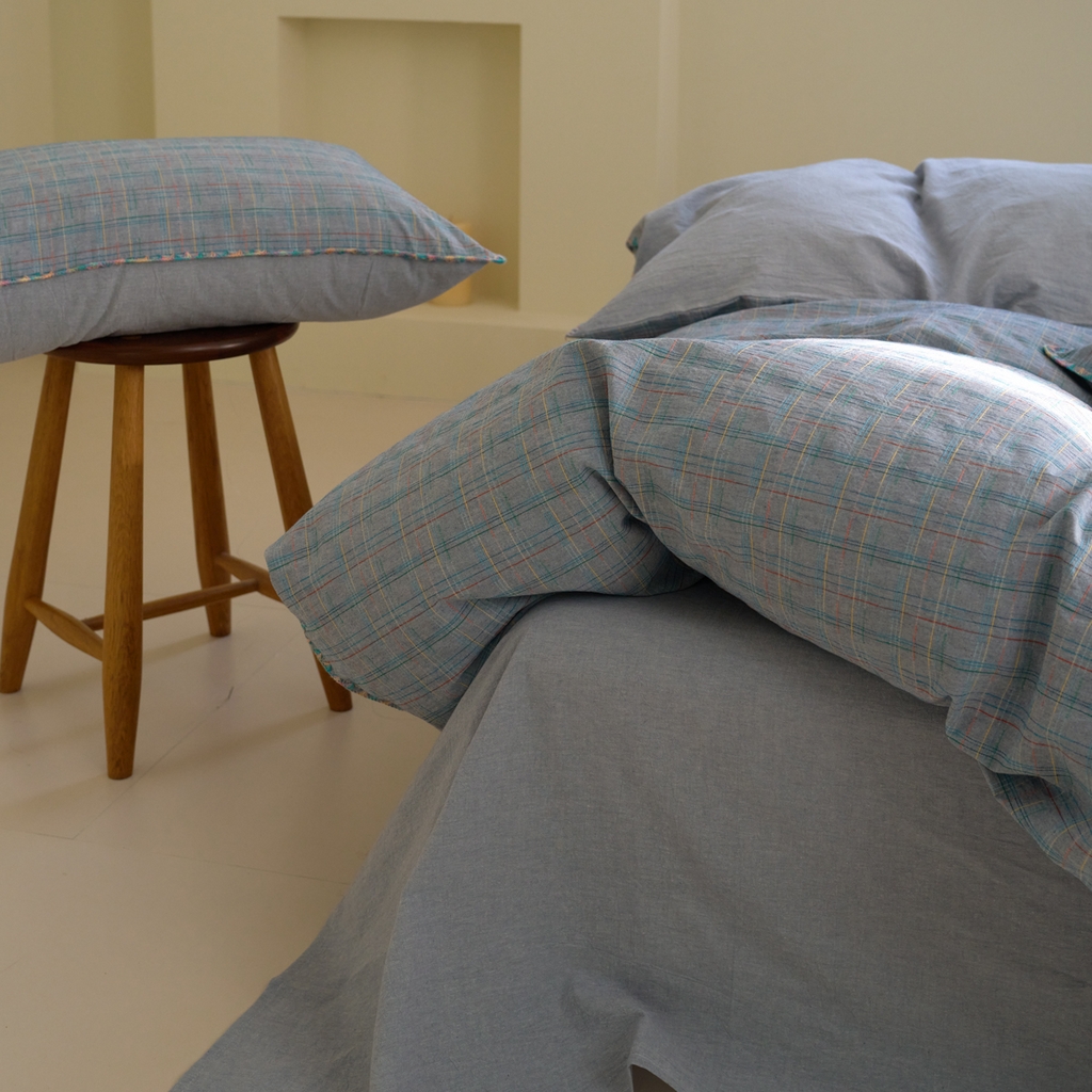 91家纺网 家纺一手货源 找家纺 洋铭区（原狠狠爱） 2025新款慕斯VS早安水洗棉彩边色织提花四件套 早安-蓝