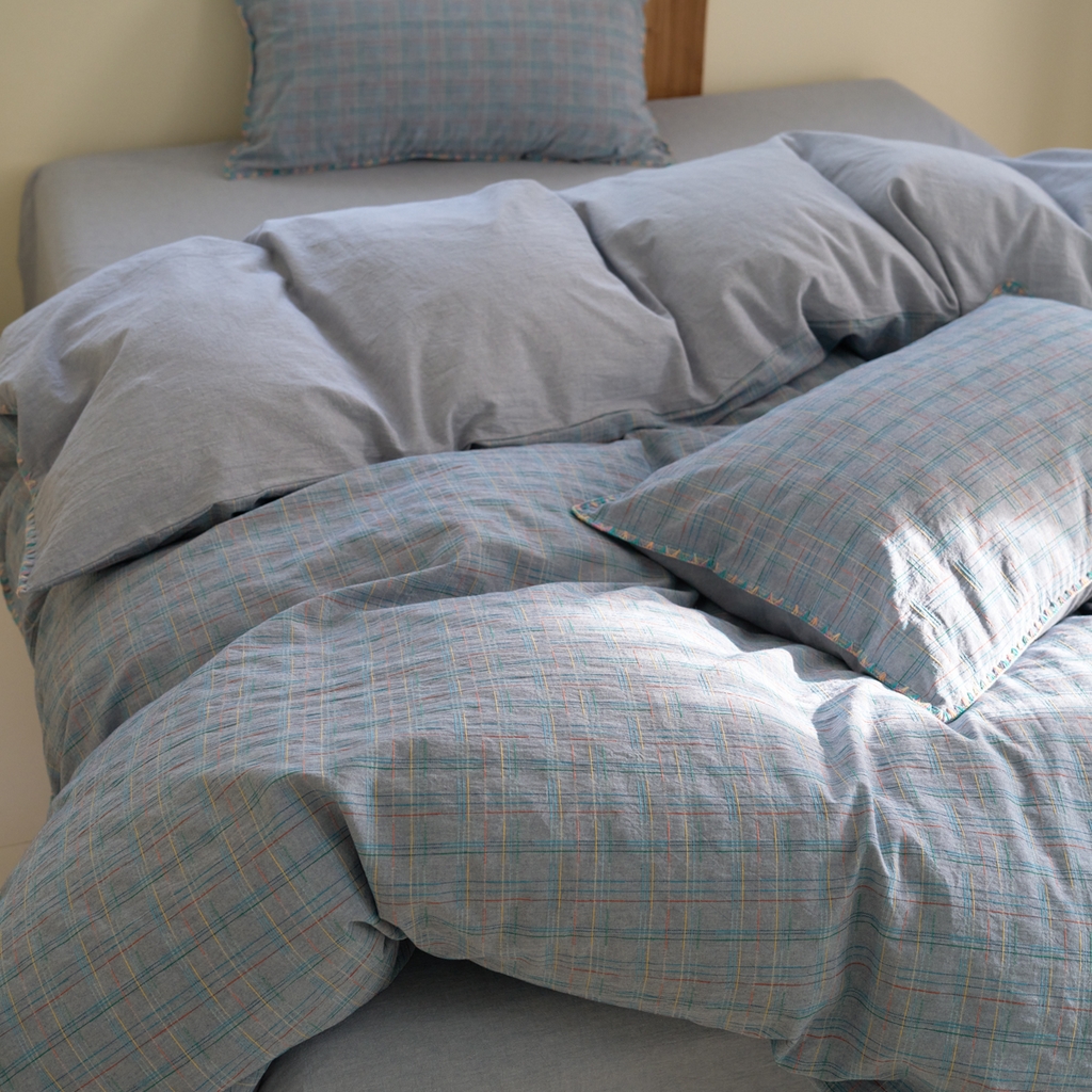 91家纺网 家纺一手货源 找家纺 洋铭区（原狠狠爱） 2025新款慕斯VS早安水洗棉彩边色织提花四件套 早安-蓝