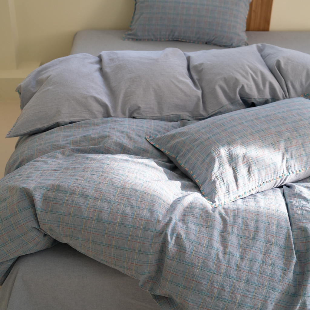 91家纺网 家纺一手货源 找家纺 洋铭区（原狠狠爱） 2025新款慕斯VS早安水洗棉彩边色织提花四件套 早安-蓝