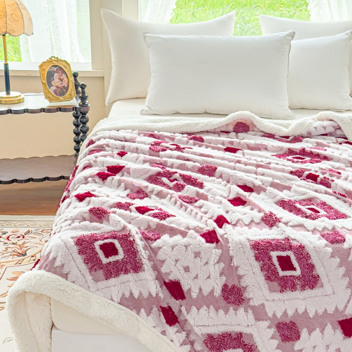 91家纺网 家纺一手货源 找家纺 璐维斯 2025新款加厚镂空阳离子双层羊羔绒毛毯休闲盖毯—跨境外贸专供 阳离子-玫红