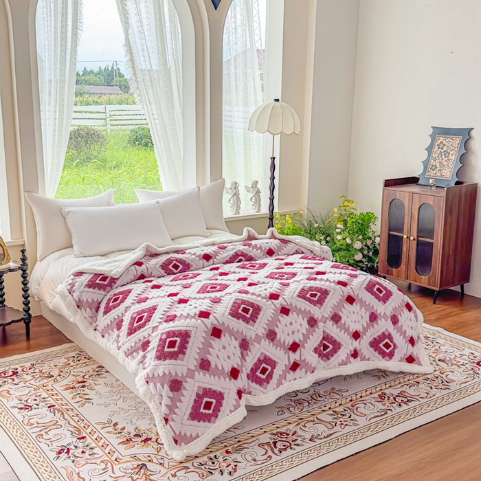 91家纺网 家纺一手货源 找家纺 璐维斯 2025新款加厚镂空阳离子双层羊羔绒毛毯休闲盖毯—跨境外贸专供 阳离子-玫红