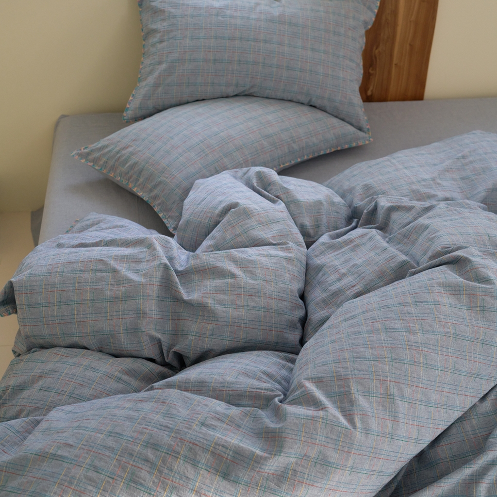 91家纺网 家纺一手货源 找家纺 洋铭区（原狠狠爱） 2025新款慕斯VS早安水洗棉彩边色织提花四件套 早安-蓝