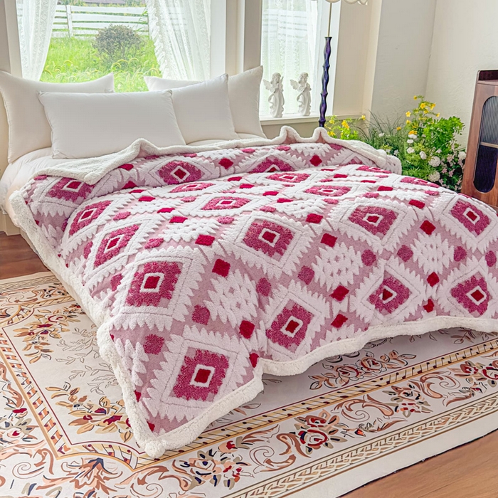 91家纺网 家纺一手货源 找家纺 璐维斯 2025新款加厚镂空阳离子双层羊羔绒毛毯休闲盖毯—跨境外贸专供 阳离子-玫红