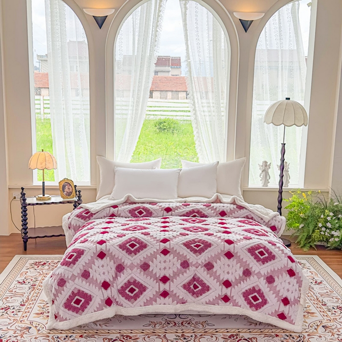 91家纺网 家纺一手货源 找家纺 璐维斯 2025新款加厚镂空阳离子双层羊羔绒毛毯休闲盖毯—跨境外贸专供 阳离子-玫红