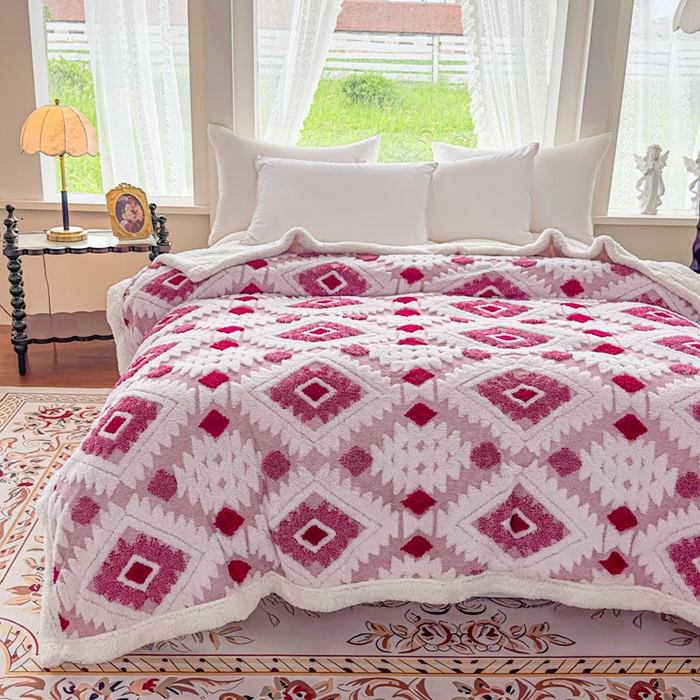 91家纺网 家纺一手货源 找家纺 璐维斯 2025新款加厚镂空阳离子双层羊羔绒毛毯休闲盖毯—跨境外贸专供 阳离子-玫红