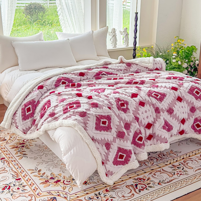 91家纺网 家纺一手货源 找家纺 璐维斯 2025新款加厚镂空阳离子双层羊羔绒毛毯休闲盖毯—跨境外贸专供 阳离子-玫红