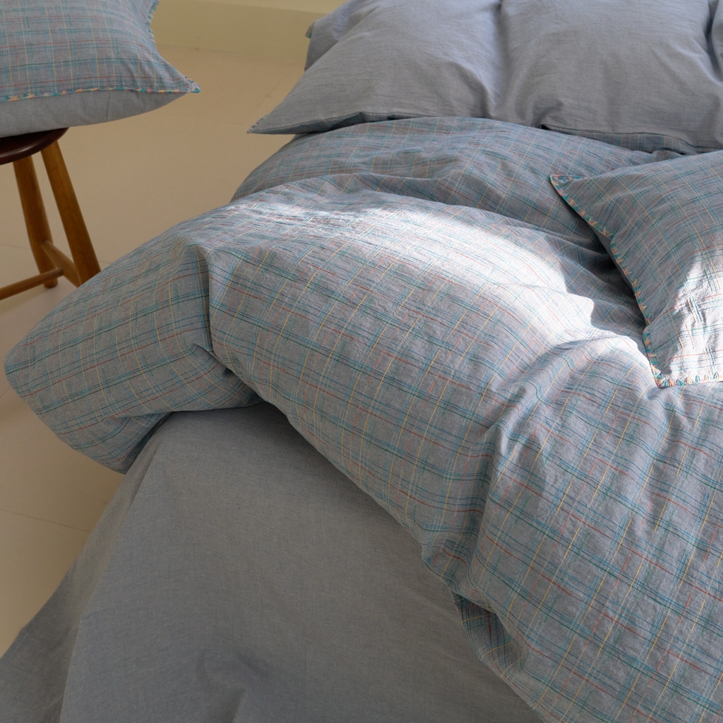 91家纺网 家纺一手货源 找家纺 洋铭区（原狠狠爱） 2025新款慕斯VS早安水洗棉彩边色织提花四件套 早安-蓝