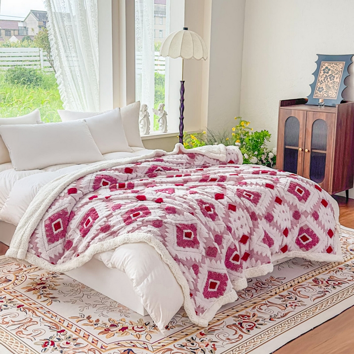 璐维斯 2025新款加厚镂空阳离子双层羊羔绒毛毯休闲盖毯—跨境外贸专供 阳离子-玫红