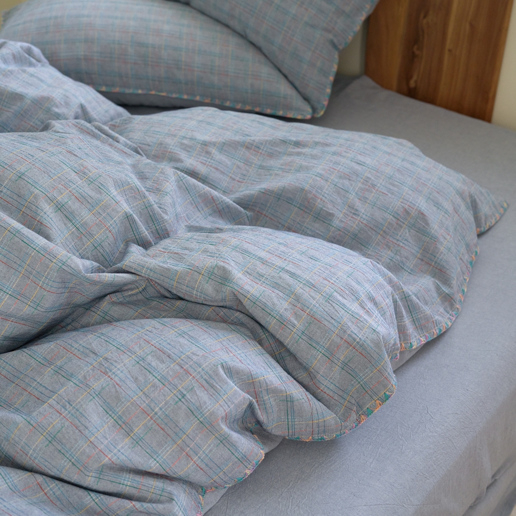 91家纺网 家纺一手货源 找家纺 洋铭区（原狠狠爱） 2025新款慕斯VS早安水洗棉彩边色织提花四件套 早安-蓝