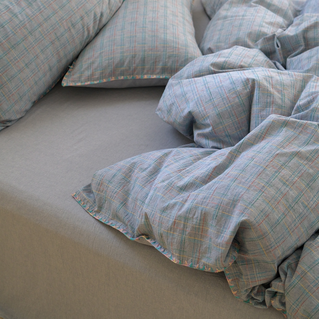 91家纺网 家纺一手货源 找家纺 洋铭区（原狠狠爱） 2025新款慕斯VS早安水洗棉彩边色织提花四件套 早安-蓝