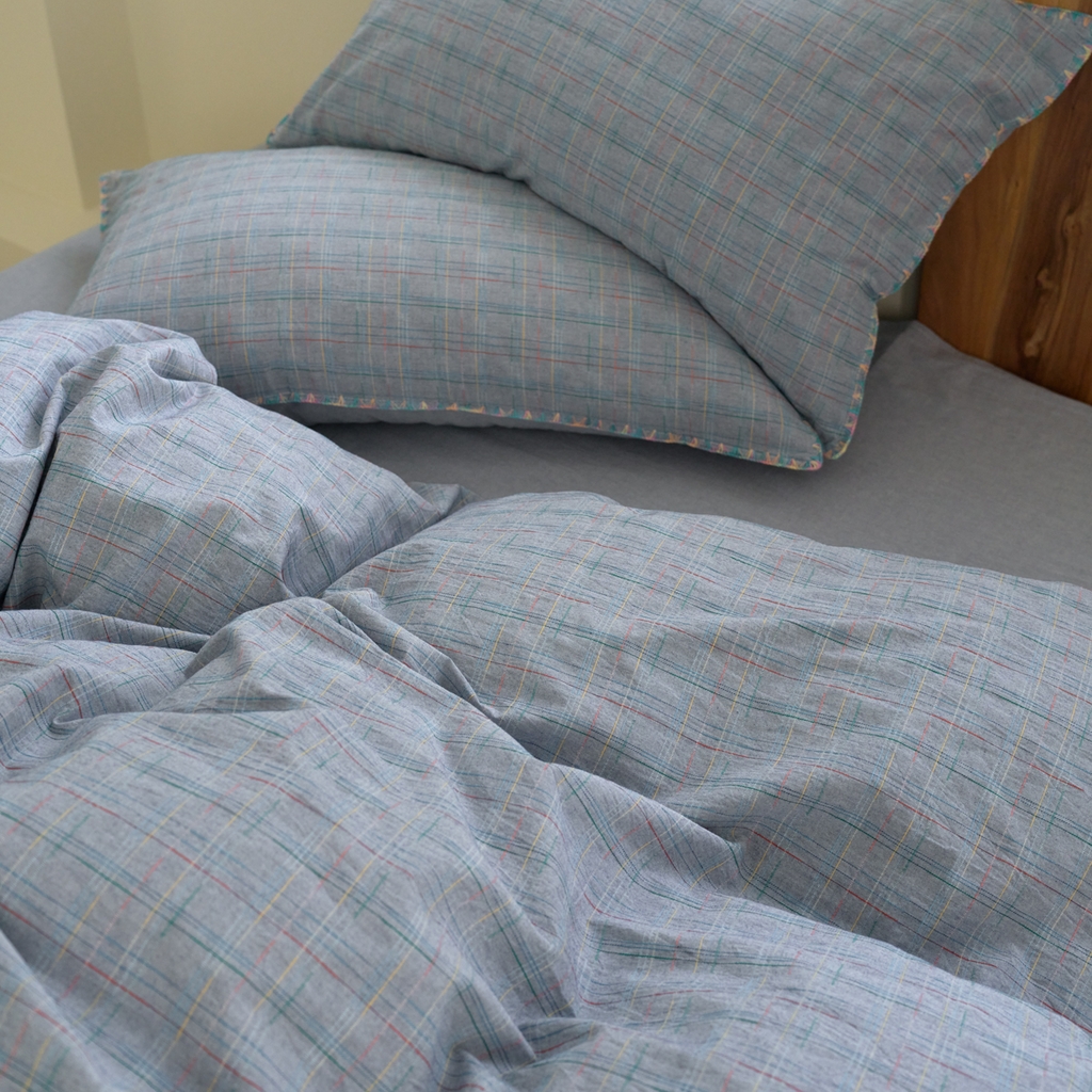 91家纺网 家纺一手货源 找家纺 洋铭区（原狠狠爱） 2025新款慕斯VS早安水洗棉彩边色织提花四件套 早安-蓝