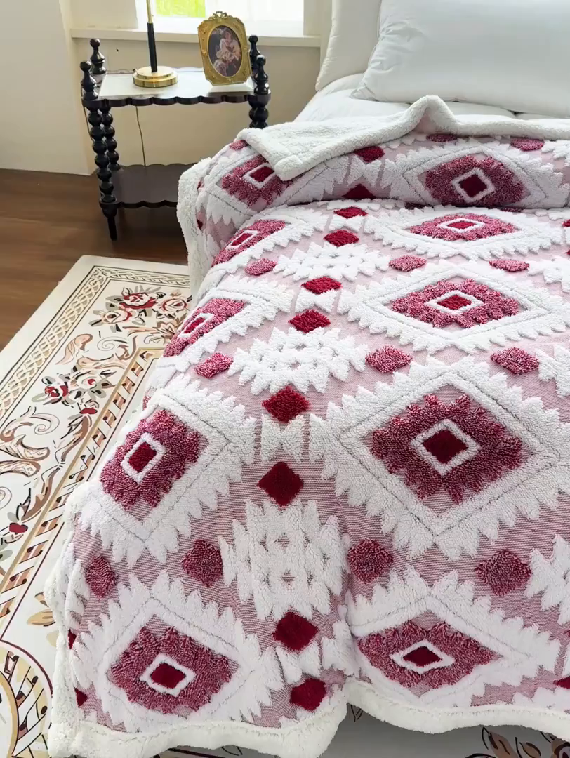 91家纺网 家纺一手货源 找家纺 璐维斯 2025新款加厚镂空阳离子双层羊羔绒毛毯休闲盖毯—跨境外贸专供 阳离子-玫红