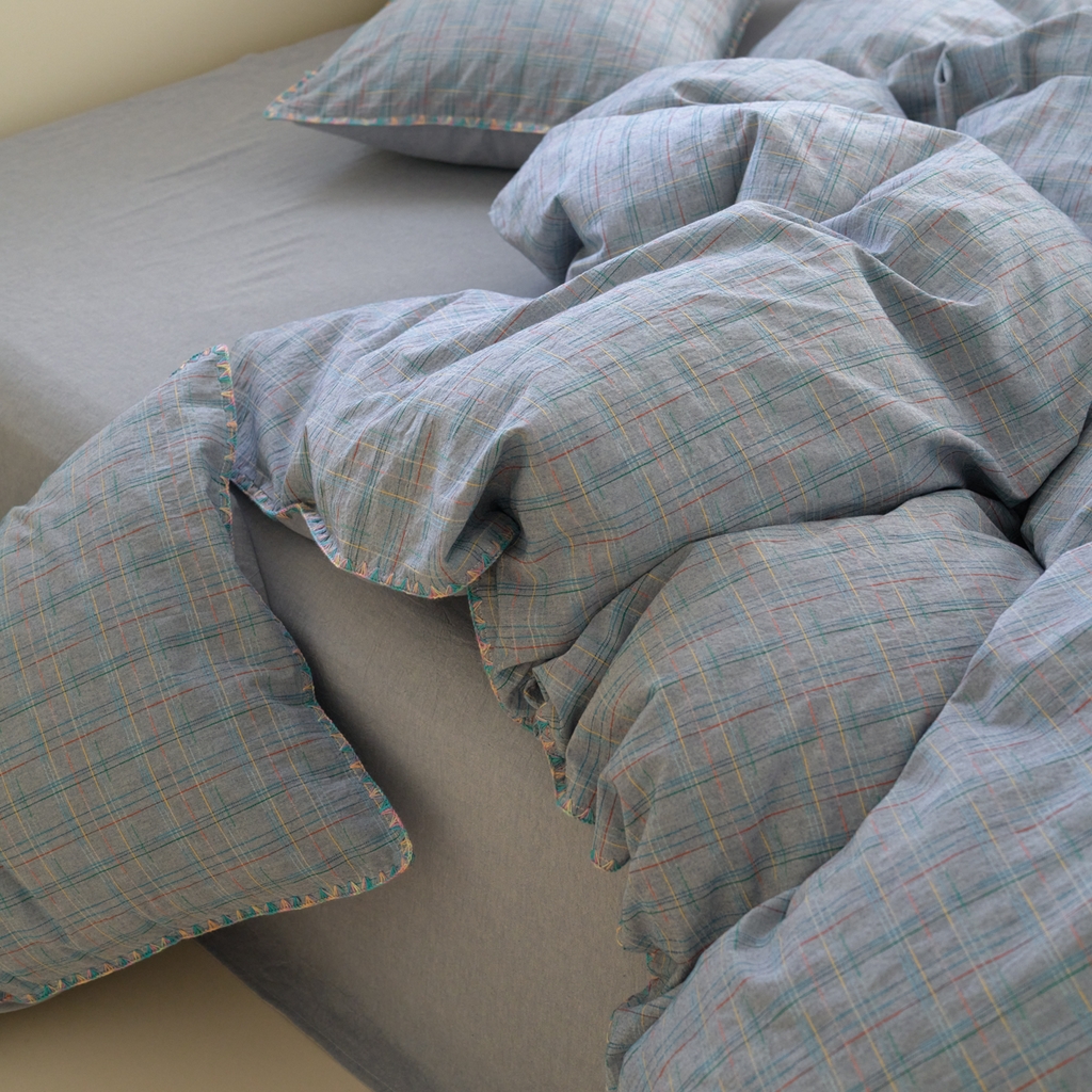 91家纺网 家纺一手货源 找家纺 洋铭区（原狠狠爱） 2025新款慕斯VS早安水洗棉彩边色织提花四件套 早安-蓝