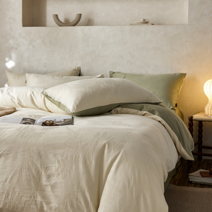 91家纺网 家纺一手货源 找家纺 眷恋家纺 2025年全棉纯棉染色提花四件套-云杉 云杉-米白