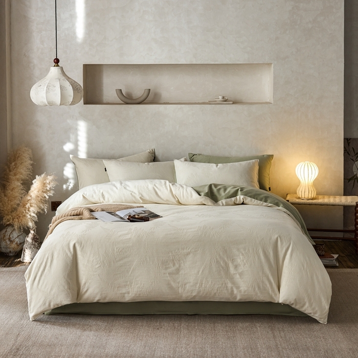 91家纺网 家纺一手货源 找家纺 眷恋家纺 2025年全棉纯棉染色提花四件套-云杉 云杉-米白