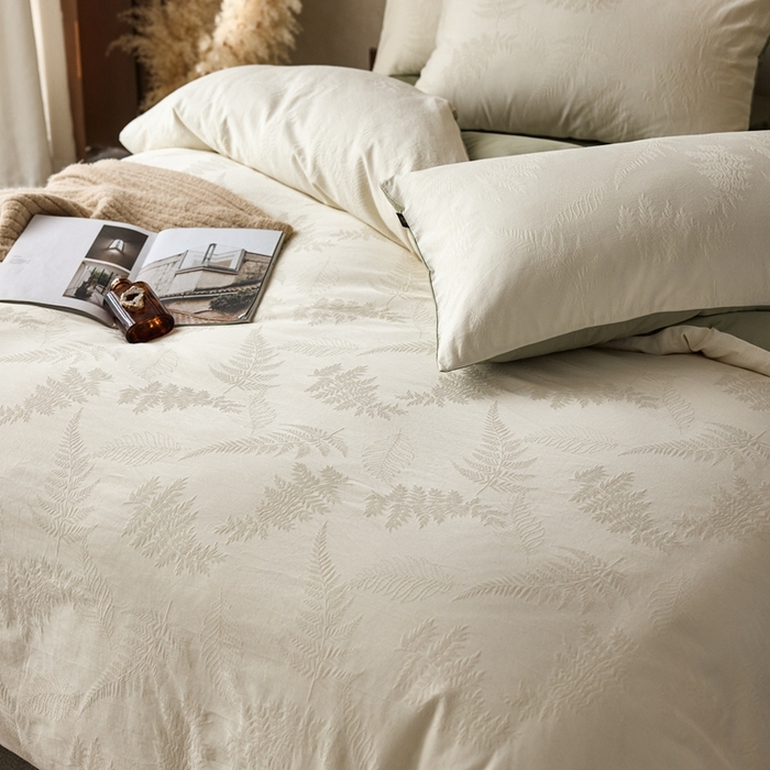 91家纺网 家纺一手货源 找家纺 眷恋家纺 2025年全棉纯棉染色提花四件套-云杉 云杉-米白