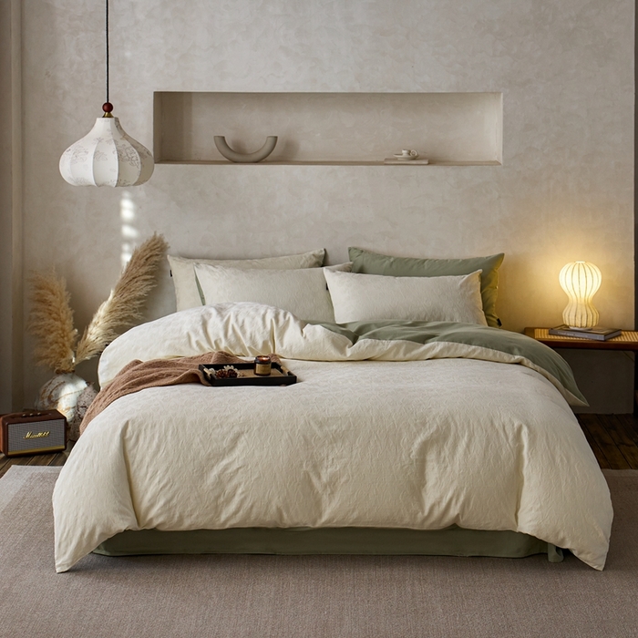 91家纺网 家纺一手货源 找家纺 眷恋家纺 2025年全棉纯棉染色提花四件套-郁见春色 郁见春色-米白