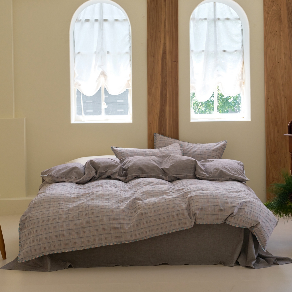 91家纺网 家纺一手货源 找家纺 洋铭区（原狠狠爱） 2025新款慕斯VS早安水洗棉彩边色织提花四件套 早安-紫咖