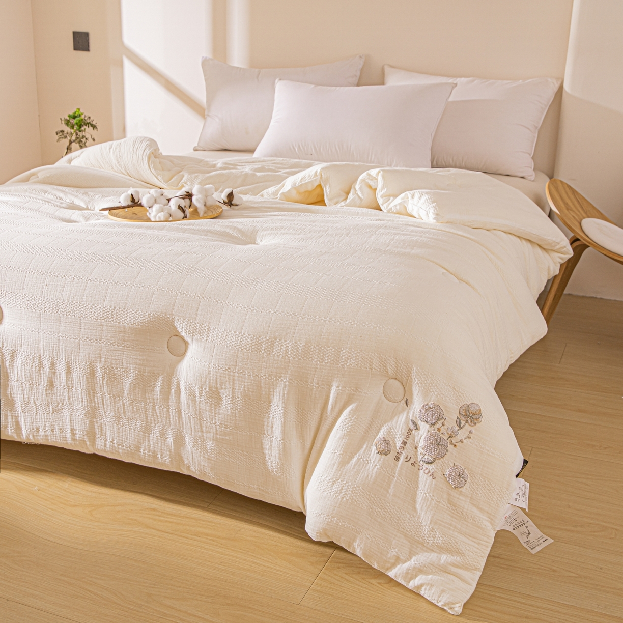 91家纺网 家纺一手货源 找家纺 欧夏家纺 2025新款全棉纱布棉花被冬被春秋被被子被芯 奶昔白