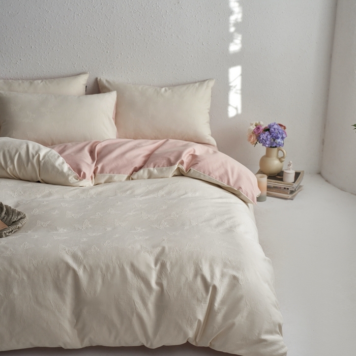 91家纺网 家纺一手货源 找家纺 眷恋家纺 2025年全棉纯棉染色提花四件套-简蝶 简蝶-米白