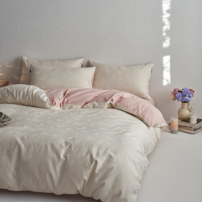 91家纺网 家纺一手货源 找家纺 眷恋家纺 2025年全棉纯棉染色提花四件套-简蝶 简蝶-米白