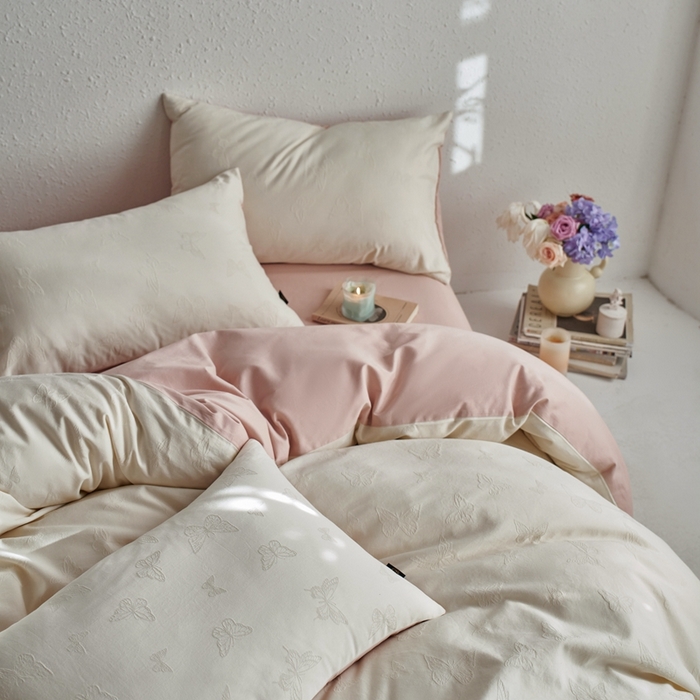 91家纺网 家纺一手货源 找家纺 眷恋家纺 2025年全棉纯棉染色提花四件套-简蝶 简蝶-米白