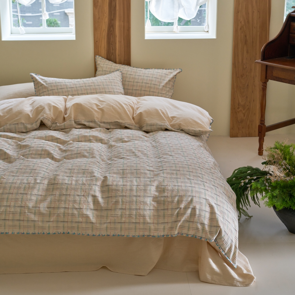 91家纺网 家纺一手货源 找家纺 洋铭区（原狠狠爱） 2025新款慕斯VS早安水洗棉彩边色织提花四件套 早安-米驼