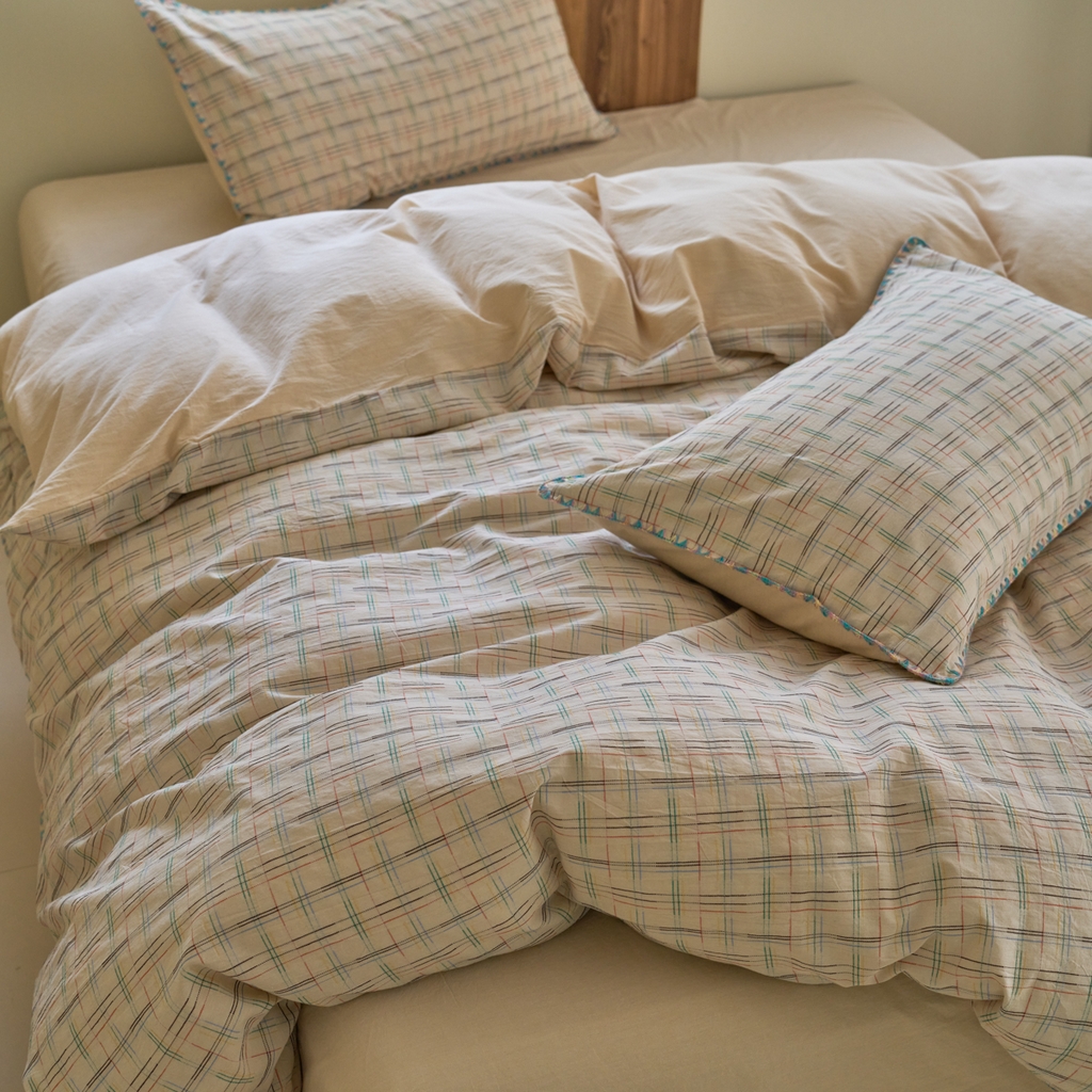 91家纺网 家纺一手货源 找家纺 洋铭区（原狠狠爱） 2025新款慕斯VS早安水洗棉彩边色织提花四件套 早安-米驼