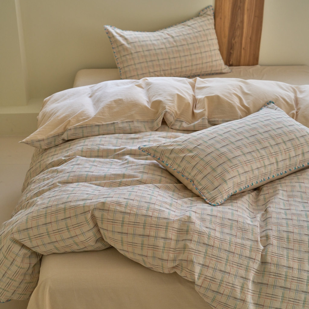 91家纺网 家纺一手货源 找家纺 洋铭区（原狠狠爱） 2025新款慕斯VS早安水洗棉彩边色织提花四件套 早安-米驼