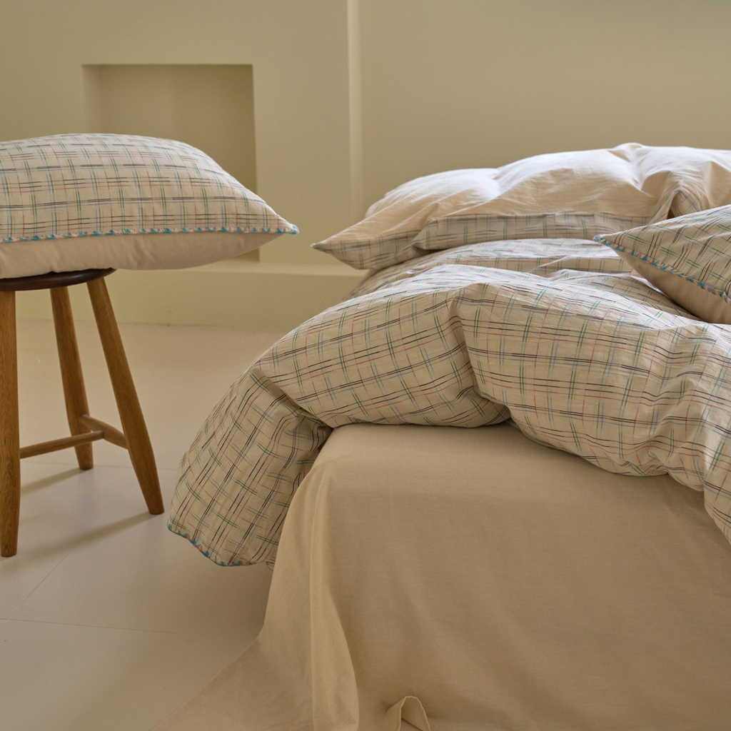 91家纺网 家纺一手货源 找家纺 洋铭区（原狠狠爱） 2025新款慕斯VS早安水洗棉彩边色织提花四件套 早安-米驼