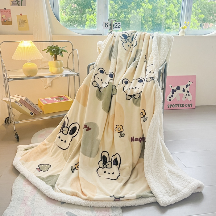 91家纺网 家纺一手货源 找家纺 沐慕 2025新款牛奶绒拼羊羔绒毛毯盖毯毯子 毛毯-绿色爱心兔