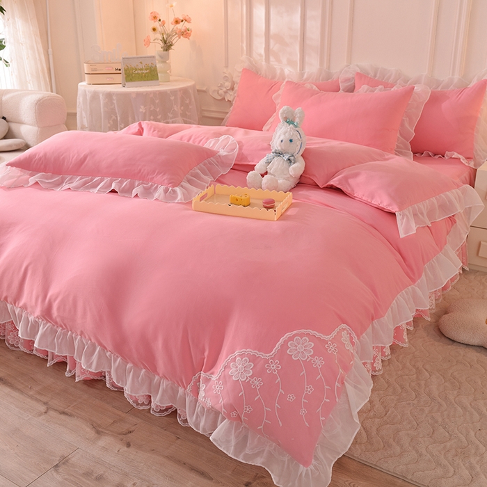 91家纺网 家纺一手货源 找家纺 （总）后庭寝室 2025新款亲肤雪纺花边刺绣蕾丝公主四件套-花香系列