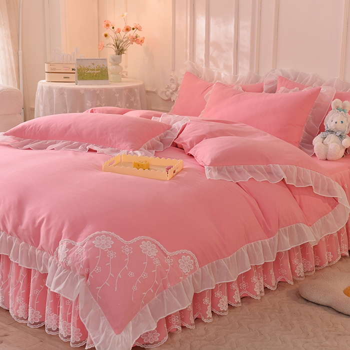 91家纺网 家纺一手货源 找家纺 （总）后庭寝室 2025新款亲肤雪纺花边刺绣蕾丝公主四件套-花香系列