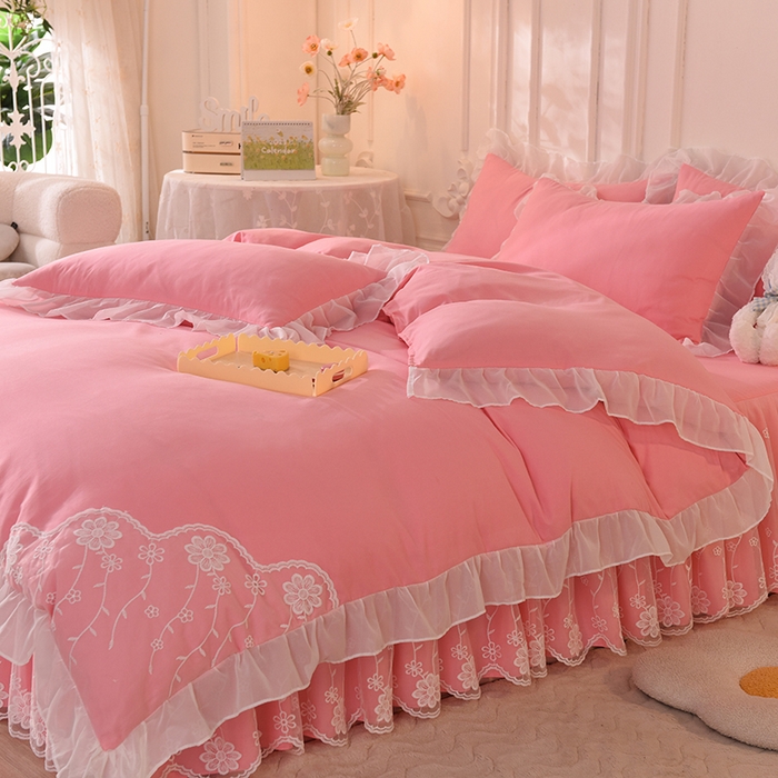 91家纺网 家纺一手货源 找家纺 （总）后庭寝室 2025新款亲肤雪纺花边刺绣蕾丝公主四件套-花香系列