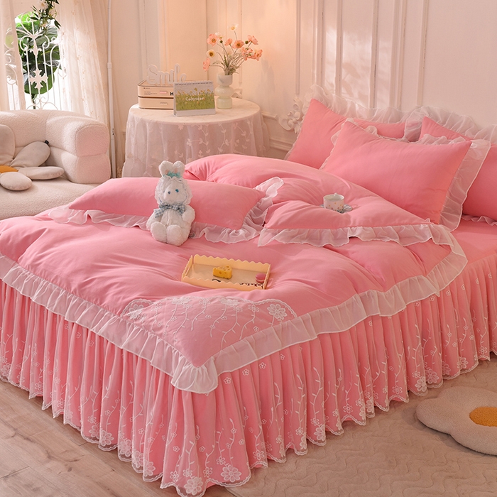 91家纺网 家纺一手货源 找家纺 （总）后庭寝室 2025新款亲肤雪纺花边刺绣蕾丝公主四件套-花香系列