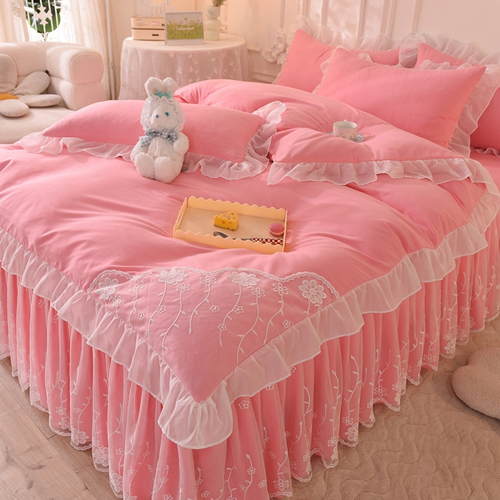 91家纺网 家纺一手货源 找家纺 （总）后庭寝室 2025新款亲肤雪纺花边刺绣蕾丝公主四件套-花香系列