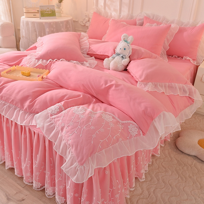 91家纺网 家纺一手货源 找家纺 （总）后庭寝室 2025新款亲肤雪纺花边刺绣蕾丝公主四件套-花香系列