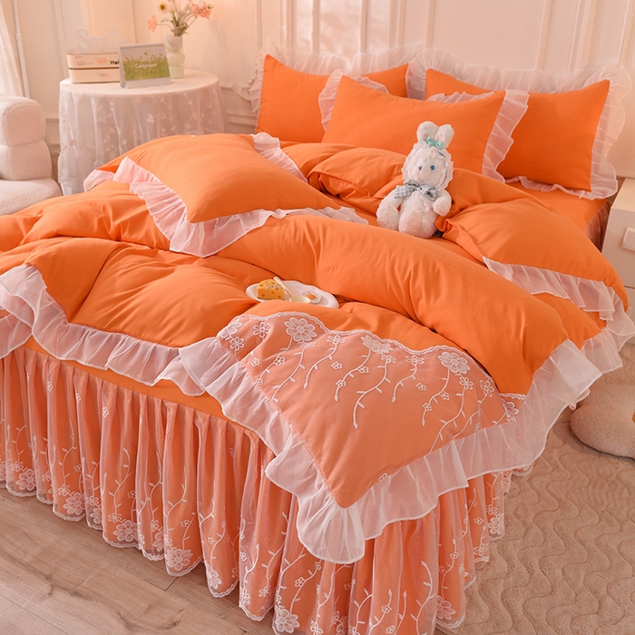 91家纺网 家纺一手货源 找家纺 （总）后庭寝室 2025新款亲肤雪纺花边刺绣蕾丝公主四件套-花香系列