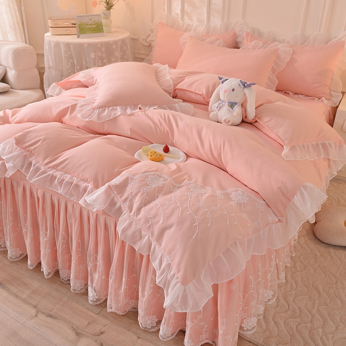 91家纺网 家纺一手货源 找家纺 （总）后庭寝室 2025新款亲肤雪纺花边刺绣蕾丝公主四件套-花香系列