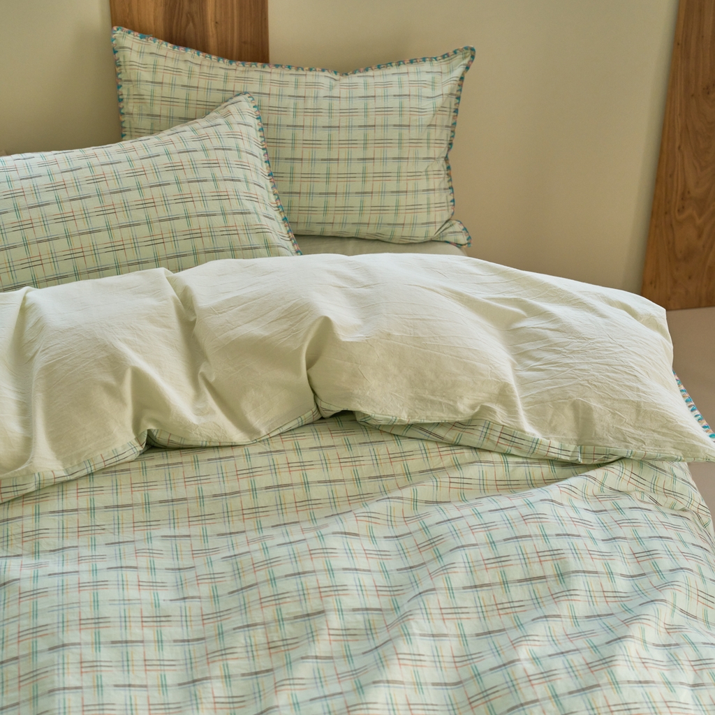 91家纺网 家纺一手货源 找家纺 洋铭区（原狠狠爱） 2025新款慕斯VS早安水洗棉彩边色织提花四件套 早安-苹果绿