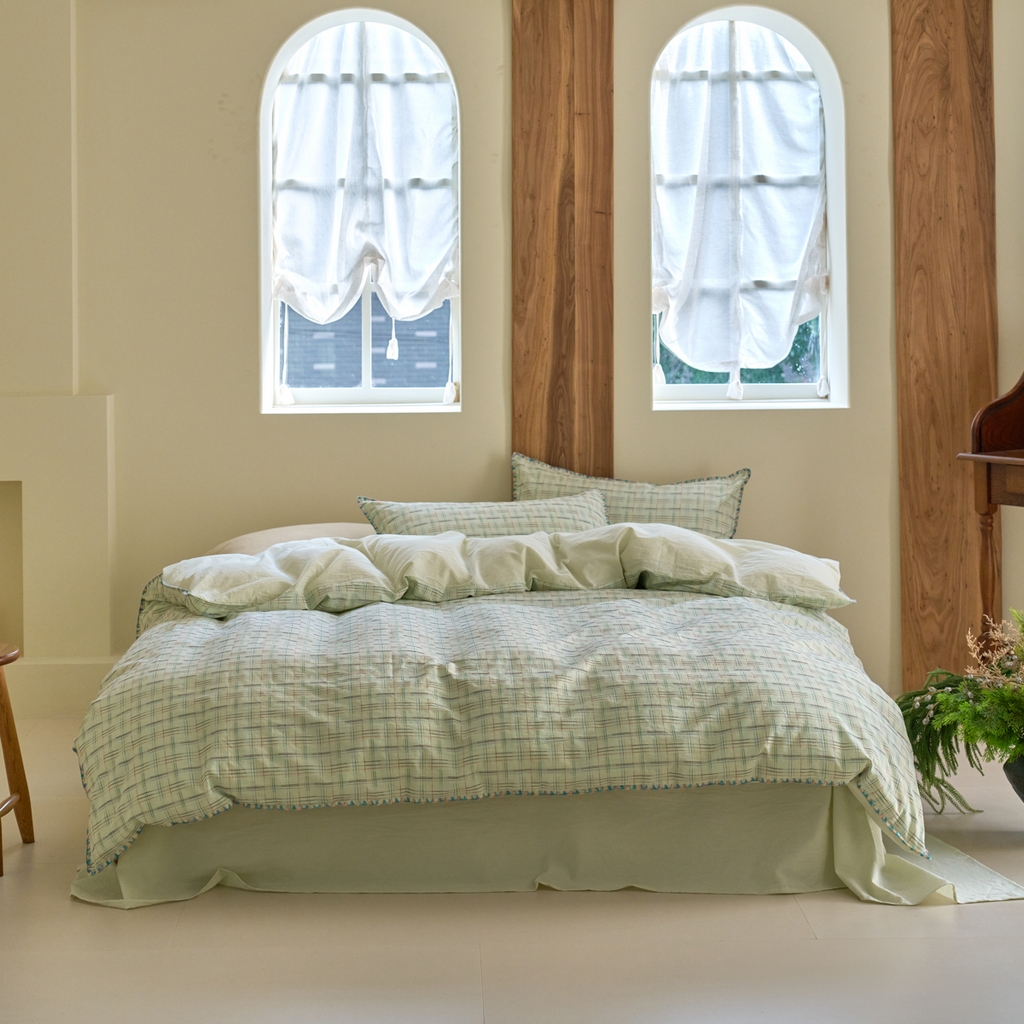 91家纺网 家纺一手货源 找家纺 洋铭区（原狠狠爱） 2025新款慕斯VS早安水洗棉彩边色织提花四件套 早安-苹果绿