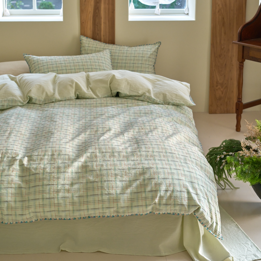 91家纺网 家纺一手货源 找家纺 洋铭区（原狠狠爱） 2025新款慕斯VS早安水洗棉彩边色织提花四件套 早安-苹果绿