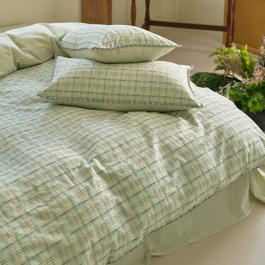 91家纺网 家纺一手货源 找家纺 洋铭区（原狠狠爱） 2025新款慕斯VS早安水洗棉彩边色织提花四件套 早安-苹果绿