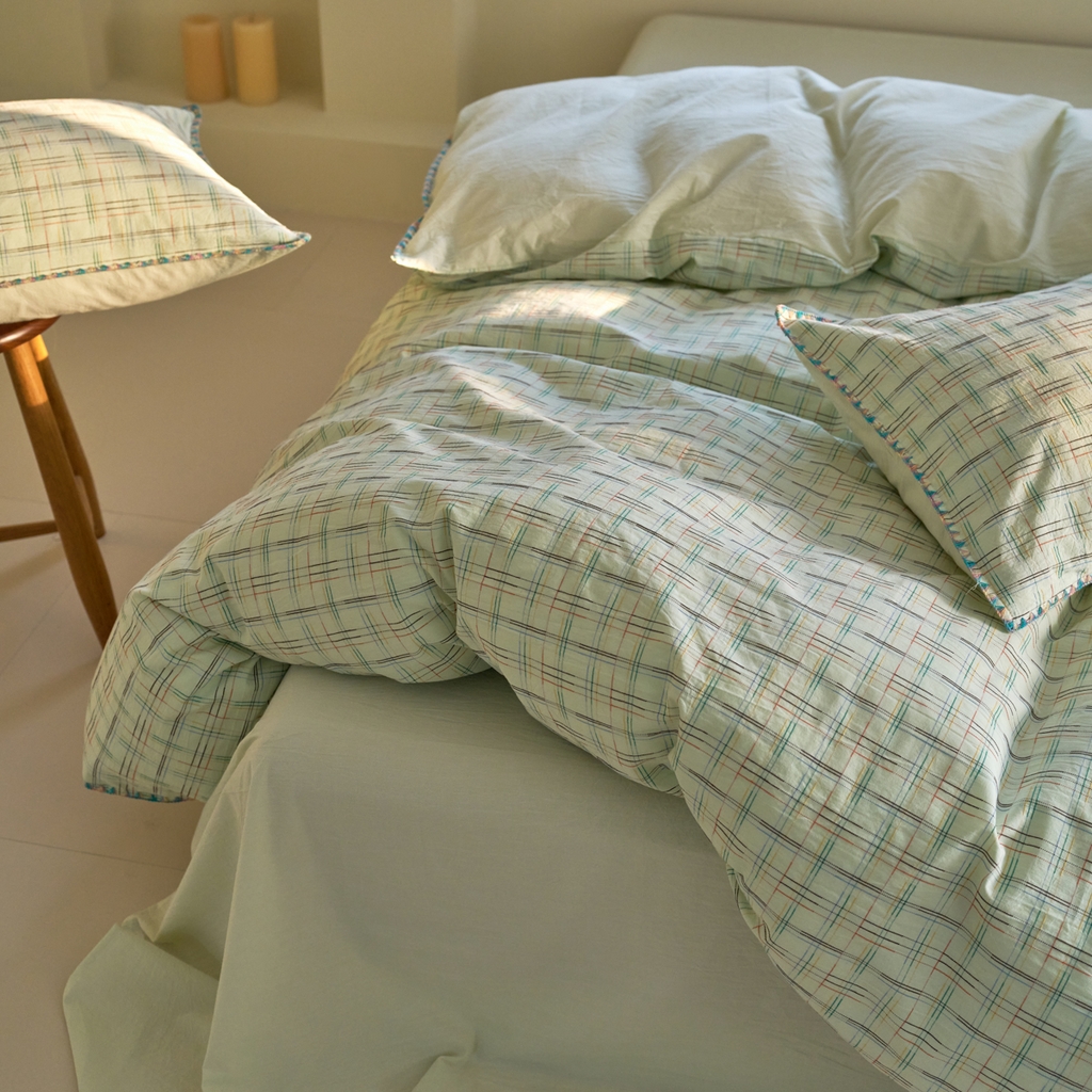 91家纺网 家纺一手货源 找家纺 洋铭区（原狠狠爱） 2025新款慕斯VS早安水洗棉彩边色织提花四件套 早安-苹果绿