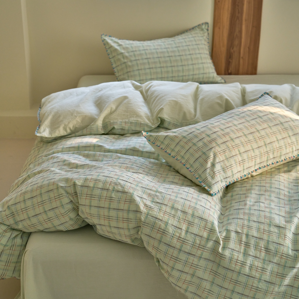 91家纺网 家纺一手货源 找家纺 洋铭区（原狠狠爱） 2025新款慕斯VS早安水洗棉彩边色织提花四件套 早安-苹果绿