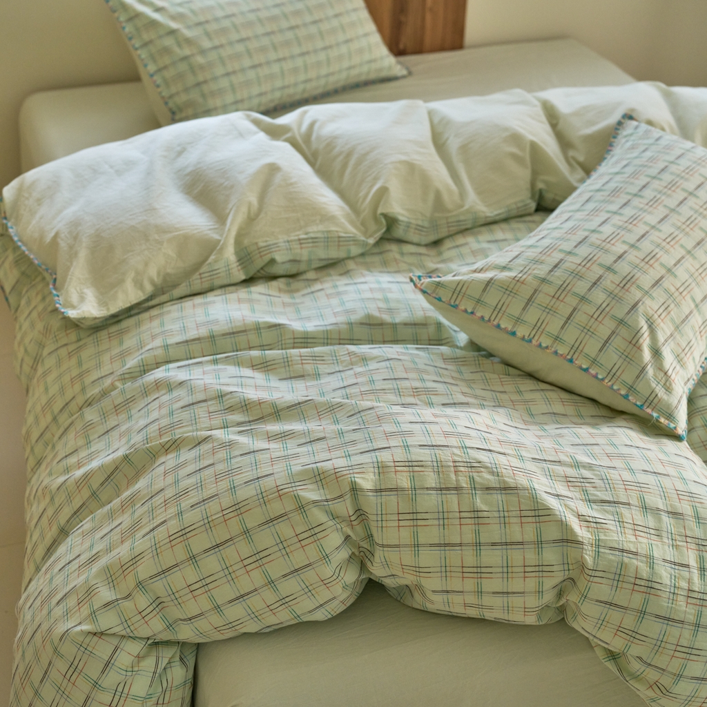 91家纺网 家纺一手货源 找家纺 洋铭区（原狠狠爱） 2025新款慕斯VS早安水洗棉彩边色织提花四件套 早安-苹果绿